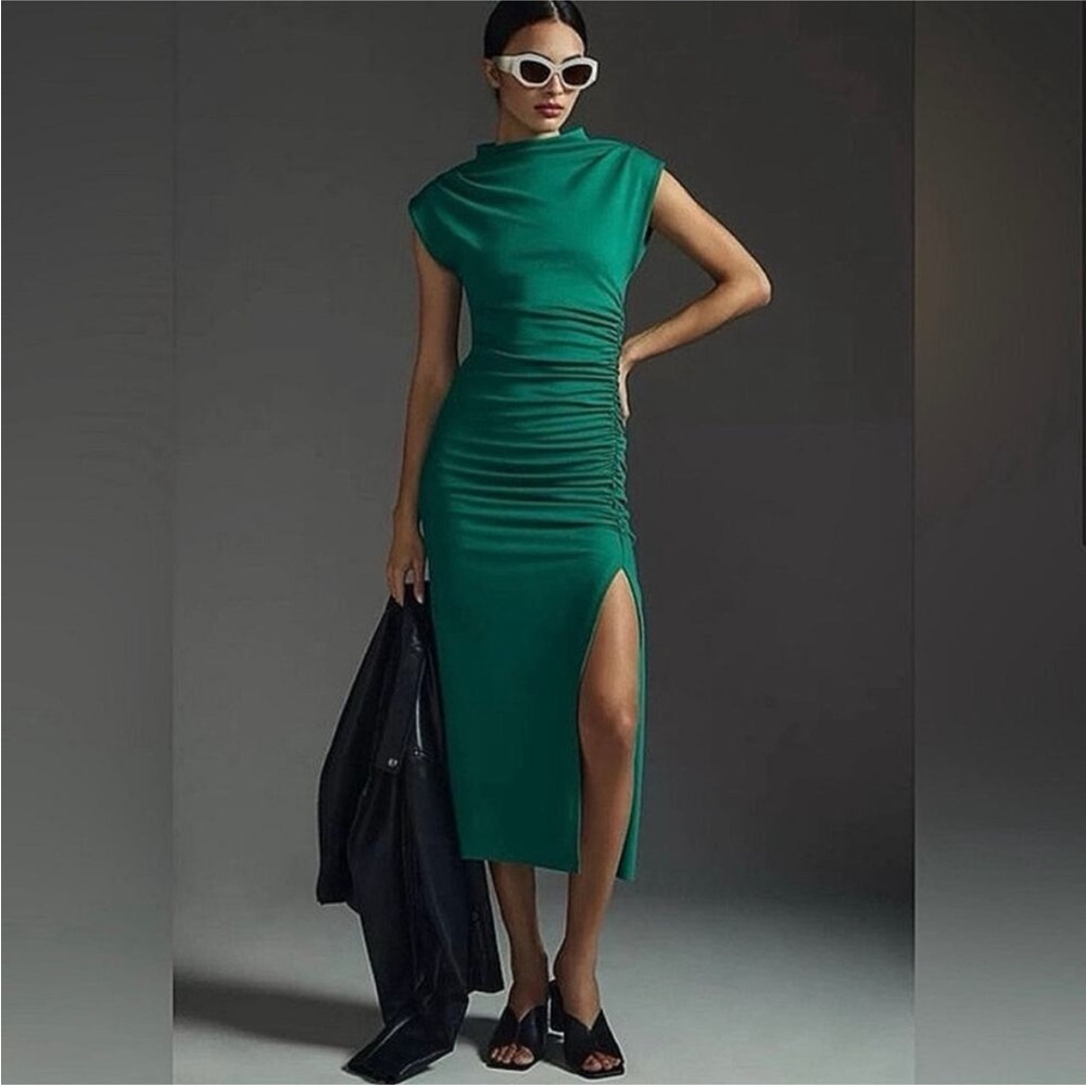 Anthropologie green maya ruched cowl neck dress